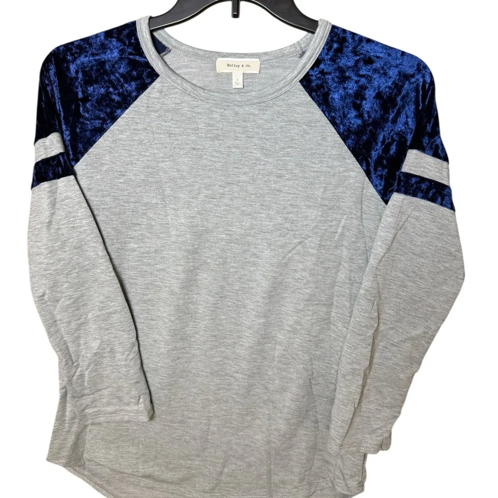Hailey & Co. Gray w/ Navy Blue Velvet Raglan Long Sleeve Baseball Tee Super Soft - Picture 6 of 11